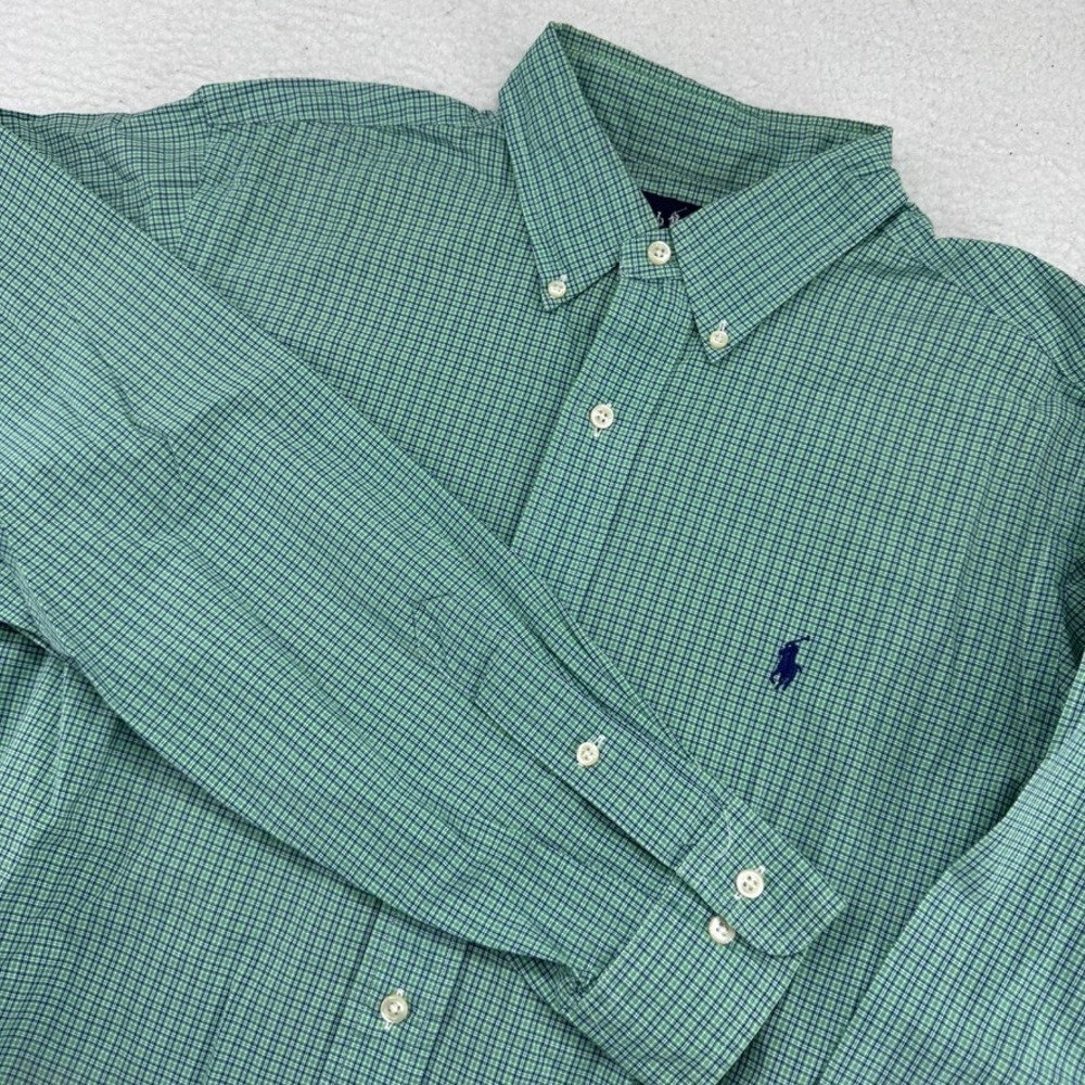 VTG Ralph Lauren Dress Shirt Men 16L Green Blue Check Long Sleeve Button Classic